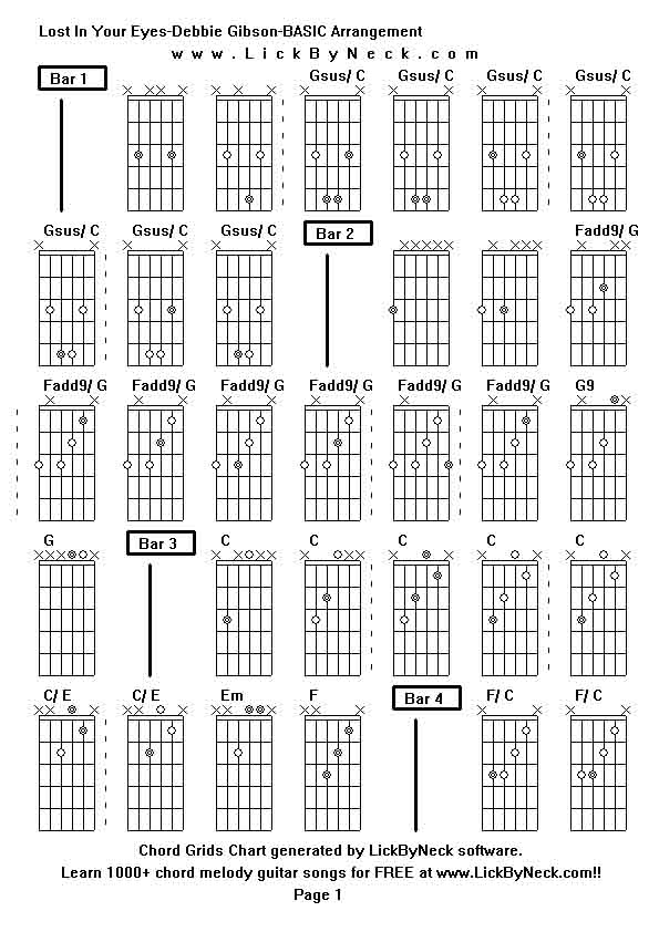 Chord Grids Chart of chord melody fingerstyle guitar song-Lost In Your Eyes-Debbie Gibson-BASIC Arrangement,generated by LickByNeck software.